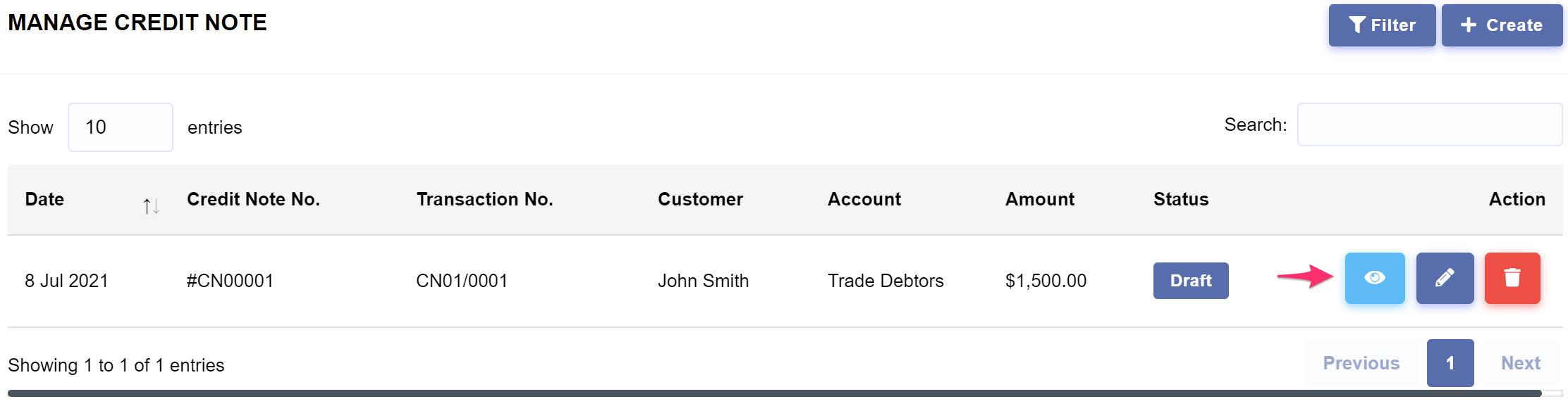 Income > Credit Note > Update or Delete Credit Note